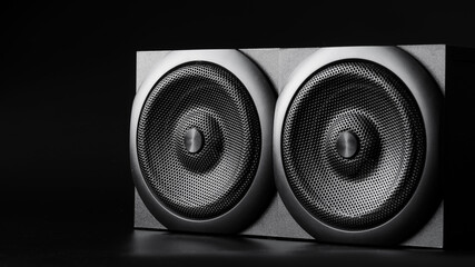 Two single-sided speakers on a black background. Horizontal placement. Wooden case. Hi-end analog...