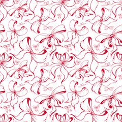 Cute soft romantic bowknots seamless pattern. Pretty flat bows abstract endless texture for fabric, textile, cosmetics, package, stationery, wrapping paper, background. Cheerful festive doodle design.