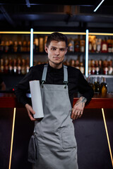 Handsome barman in apron standing at the bar counter