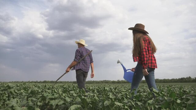 Agriculture. Farmer family in a green field. Organic food concept. Agriculture and business. Family of farmer inspecting the harvest. agriculture organic food. Farmer family business concept.