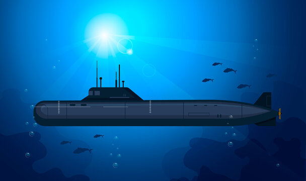 Submarine is shipping deep in sea. Fish and sun light in the background. Concept of underwater exploration. Vector graphic illustration