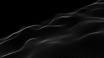 Futuristic grid wave of blue halftone digital dots data smooth seamless animation on dark with dim light background. Flow particles landscape. For cyber technology, sound visualization, big data