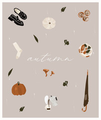Hello, Autumn. Gray poster with autumn symbols in pastel shades. Pumpkins, herbs, leaves, mushrooms, coffee, socks, boots, buns, umbrella and bento cake. Vector flat hand drawing illustration.