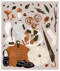 Hello, Autumn. Gray poster with autumn symbols in pastel shades. Pumpkins, herbs, leaves, mushrooms, coffee, socks, boots, buns, umbrella and bento cake. Vector flat hand drawing illustration.