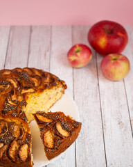 Traditional American apple pie with poppy seeds and fruits slices garnish decor. Autumn seasonal sweet bakery. Festive thanksgiving apple cake recipe .
