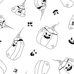 Seamless pattern with Jack Lanterns with pumpkin-cut muzzles. The main attribute of the holiday is Halloween. Festive line art illustration. Flat vector.

