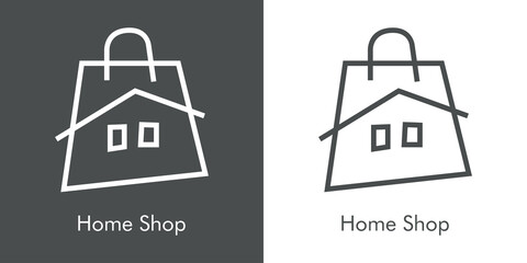 Logotipo con texto Home Shop con bolsa de la compra con tejado de casa y ventanas con lineas en fondo gris y fondo blanco
