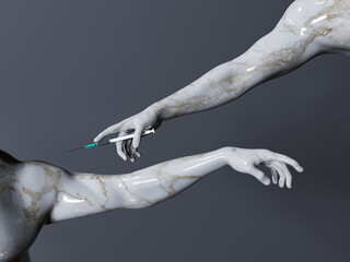 marble sculpture of the creation of adam giving a vaccination - obrazy, fototapety, plakaty
