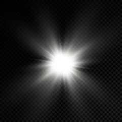 White glowing light star, burst sun rays.