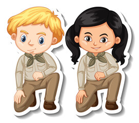 Couple of kids in safari outfit cartoon character sticker