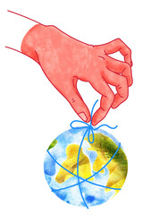 The human palm squeezes the fingers while holding the globe.