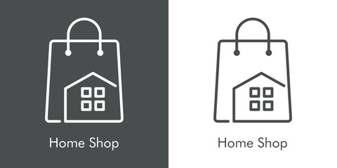 Logotipo con texto Home Shop con bolsa de la compra con tejado de casa y ventanas con lineas en fondo gris y fondo blanco