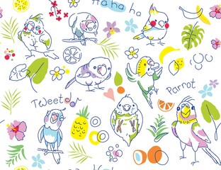 Seamless tropical background with parrots. Color vector illustration 