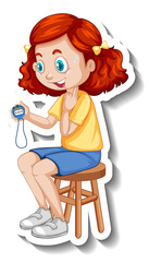 Cartoon character sticker with sport coach girl holding a timer