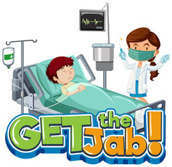 Get the Jab font banner with patient and doctor cartoon character