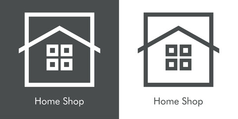 Logotipo con texto Home Shop con cuadrado con tejado de casa y ventanas con lineas en fondo gris y fondo blanco