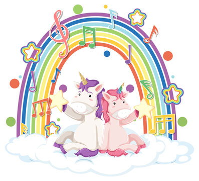 Two unicorns sitting on a cloud with rainbow and melody symbol