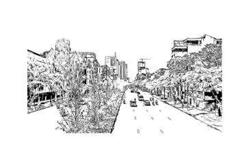 Building view with landmark of Hanoi is the  capital in Vietnam. Hand drawn sketch illustration in vector.
