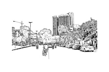 Obraz premium Building view with landmark of Hanoi is the capital in Vietnam. Hand drawn sketch illustration in vector.