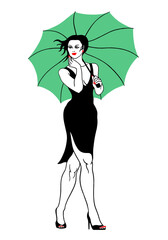 A beautiful, stylish woman in a black dress with an umbrella.