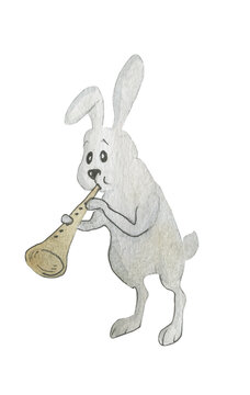 Watercolor image of a bunny playing the trumpet. Ideas for stickers, for printing on notebooks, for decorating textbooks on music topics, for children.