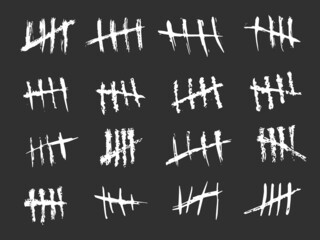 Fototapeta na wymiar Chalk tally marks. Blackboard drawn grunge charcoal strokes, doodle style crossed out scratches, monochrome white days count, waiting in prison. Vector hand drawn isolated set
