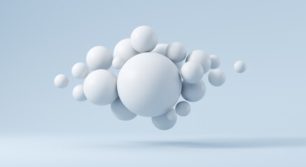 White spheres on a blue background. 3d render illustration. Abstraction for ideas.