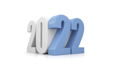 New year blue lettering 2022 on white glittering background. 3d render illustration.