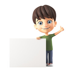 Cheerful cartoon little boy character leaned against an empty board and shows a thumb up. 3d render illustration.