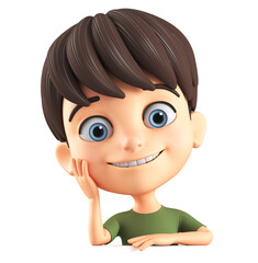 3d render illustration. Cartoon character little boy holds a blank board on a white background.