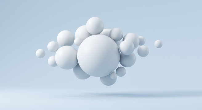 White spheres on a blue background. 3d render illustration. Abstraction for ideas.