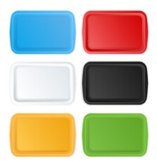 Plastic trays. Realistic empty serving plates rectangular shape, different colors containers mockup, blank top view objects, dining accessories. Pack food. Vector isolated set