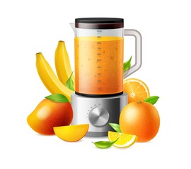 Juicy fruit. Household blender and ripe mangoes or oranges. Kitchen equipment for blending banana and citrus fresh drink. Healthy vegetarian beverage. Vector mixing smoothie concept