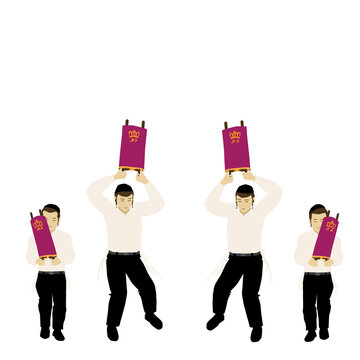 Jewish children with a kippah and a tassel, orthodox Haredim. Dancing with small Torah scrolls in hand. On Simchat Torah - a Jewish holiday.
Colorful vector drawing on a white background.