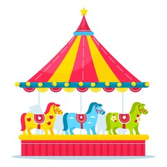 Horses carousel. Kids amusement park roundabout with little ponies different colors and carnival decor. Fair rotating attraction for children leisure. Vector merry-go-round concept