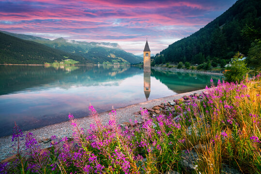 Beautiful view of the lake Resia. Famous tower in the water. Alps, Italy, Europe. Landscape photography