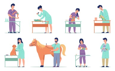 Vet doctors. Animal patients with veterinarians. Pets medical examination and treatment. Professionals in work. Men and women take care of dogs or cats in veterinary clinic, vector set