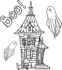 Halloween castle and ghosts. Vector illustration for kids. 
