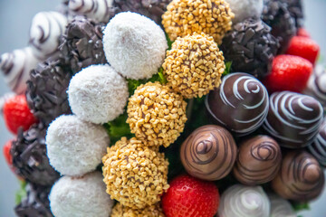 Chocolate edible flowers from strawberries fruit