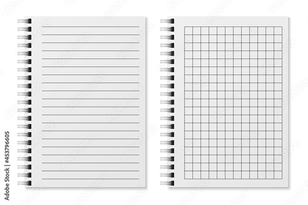 Poster realistic empty diary. notebook sheets in lines and in cage, sketchbook for writing or painting. cop