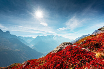 Amazing view on Monte Bianco mountains range with with Monblan on background. Vallon de Berard...
