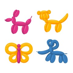 Balloons animals. Kids party decoration, air rubber balloons different fauna shapes, cute bright figures, children holidays decor, glossy decorative rubber toy. Vector isolated set