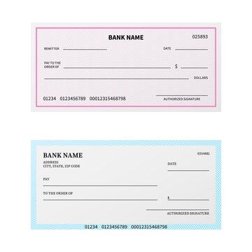 Bank check. Blank cheque checkbook with guilloche pattern and watermark. Unfilled payment paper template. Banking coupon or certificate mockup design for branding. Vector paybills set