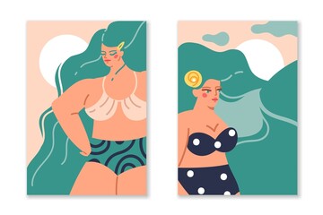 Hair long female. Wavy women hairstyle in nature silhouette, beautiful characters, femmes in swimsuit and bikini. Pretty girl portraits with green bright hair. Vector posters or cards set
