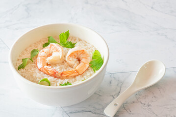 Shrimp rice porridge, mini heart shrimp for breakfast, traditional Asian food