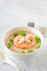 Shrimp rice porridge, mini heart shrimp for breakfast, traditional Asian food
