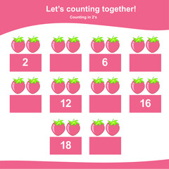 Counting strawberry for children. Fruit Counting Math Worksheet. Counting in 2s. Math Worksheet for Preschool. Educational printable math worksheet. Preschool Education. Vector illustration.