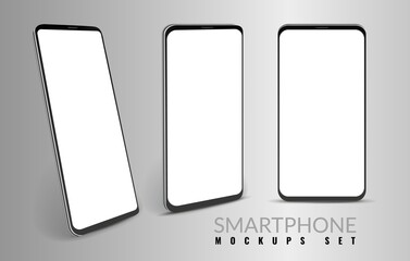 Realistic smartphone mockup. Mobiles in different view angles. Modern 3d cell phones template with blank screen. Digital communication devices set for branding. Vector advertising banner