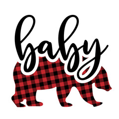 Baby Bear - Handmade calligraphy quote with buffalo pattern bear. Good for birthday gift, poster, textile, gift. Bear Family label with simple hand drawn bear silhouette.