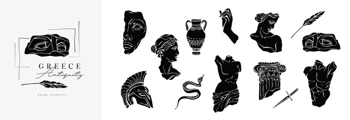 Set of antique marble statues with broken elements. Greek classic ancient of Venus, amphora. Modern tattoo and logo. Hand drawn mythical trendy Vector - obrazy, fototapety, plakaty